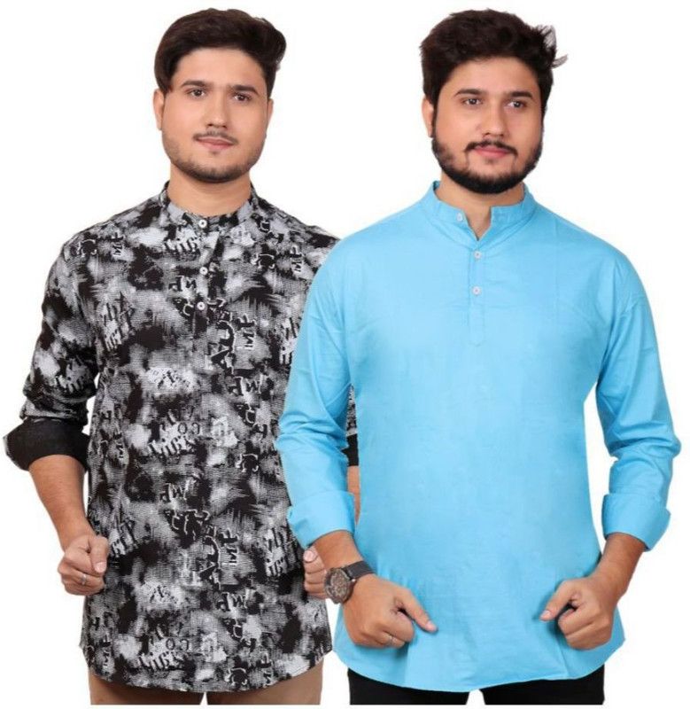 Pack of 2 Men Printed Pure Cotton Straight Kurta  (Light Blue)