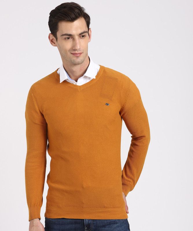 Men Solid V-neck Yellow Sweater