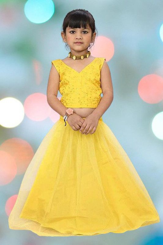 Girls Lehenga Choli Ethnic Wear Solid Lehenga & Crop Top  (Yellow, Pack of 1)