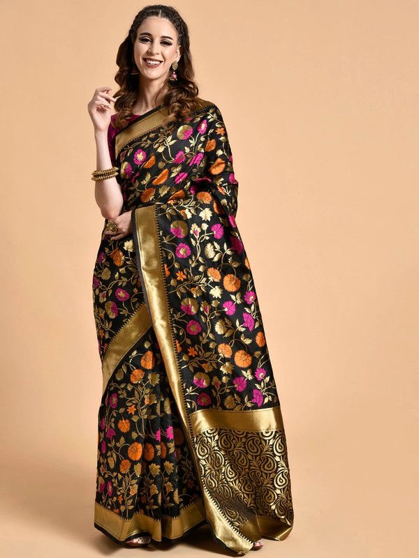 Floral Print Banarasi Pure Silk Saree  (Black)