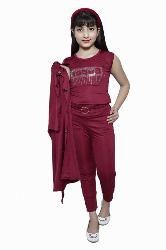 Girls Casual Shrug Top, Pant  (Maroon)