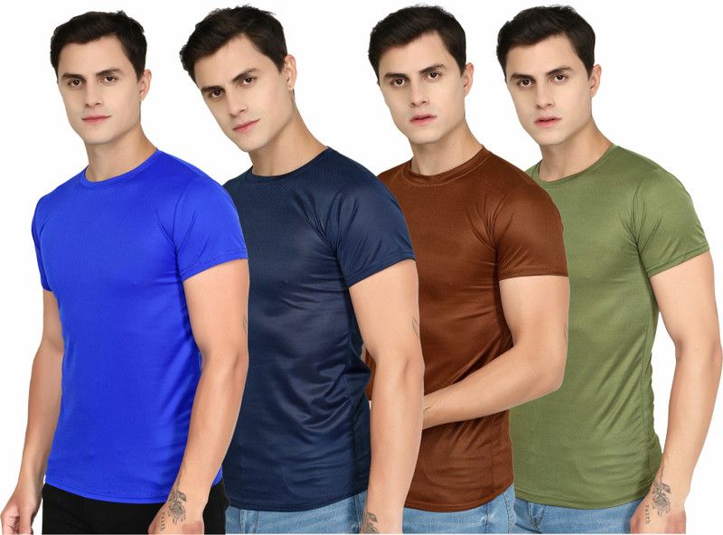 Pack of 4 Men Solid Round Neck Elastane Multicolor T-Shirt