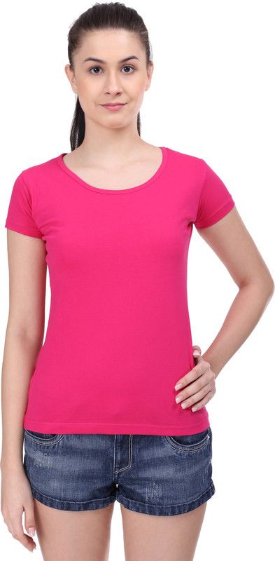 SOLID Women Solid Round Neck Pure Cotton Pink T-Shirt