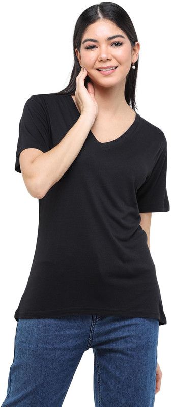 V-Neck Women Solid V Neck Viscose Rayon Black T-Shirt