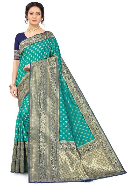 Woven Baluchari Jacquard, Art Silk Saree  (Green)