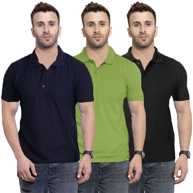 Pack of 3 Men Solid Polo Neck Reversible Cotton Blend Black, Light Green, Navy Blue T-Shirt