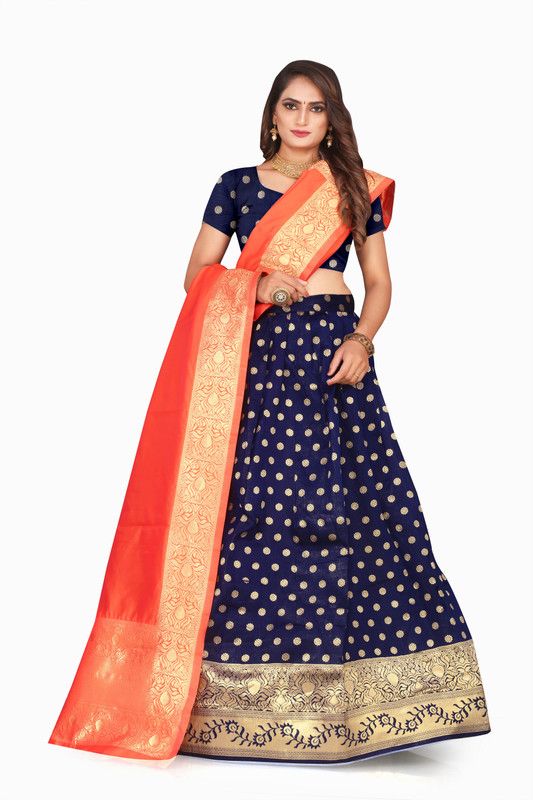 Self Design Semi Stitched Lehenga Choli  (Dark Blue, Orange)