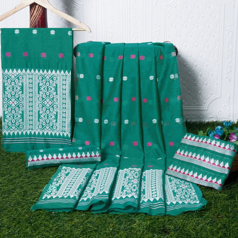 Embroidered Mekhela Chador Chanderi, Cotton Blend Saree  (Dark Green, White)