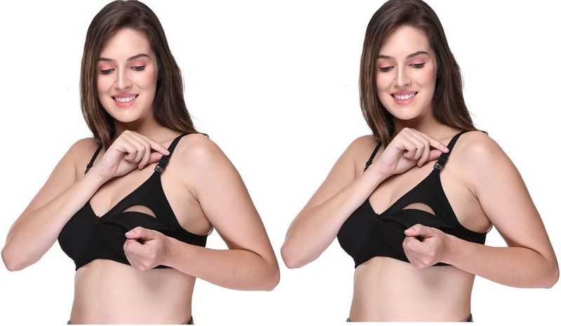 Pack of 2 Women Maternity/Nursing Non Padded Bra  (Black, Black)
