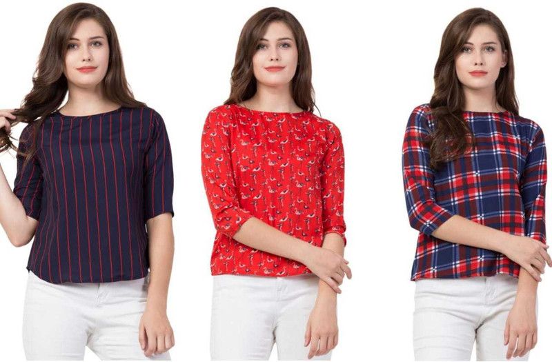 Pack of 3 Casual Regular Sleeves Printed, Striped, Checkered Women Multicolor Top