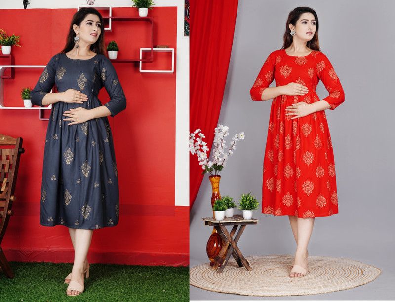 Pack of 2 Women Printed Viscose Rayon Flared Kurta  (Red, Grey)