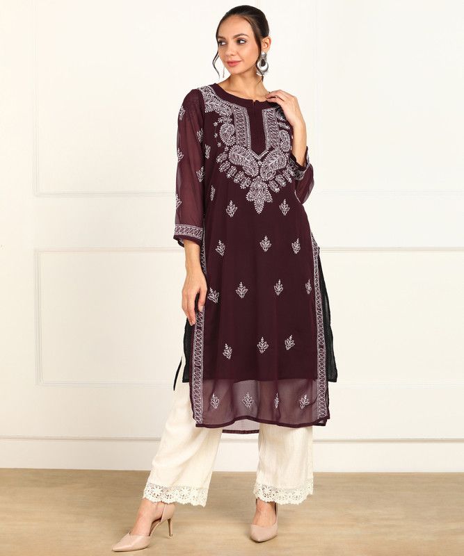 Women Chikan Embroidery, Embroidered Georgette A-line Kurta  (Maroon)