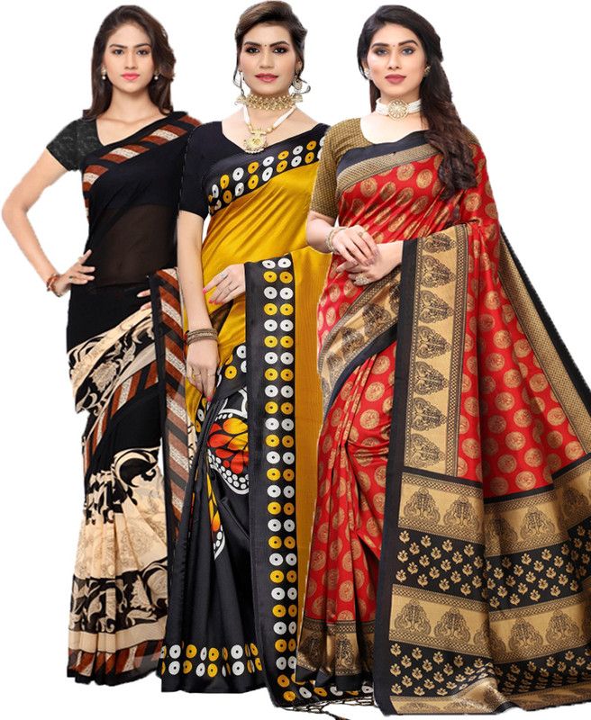 Printed Daily Wear Georgette Saree  (Pack of 3, Black, Red)