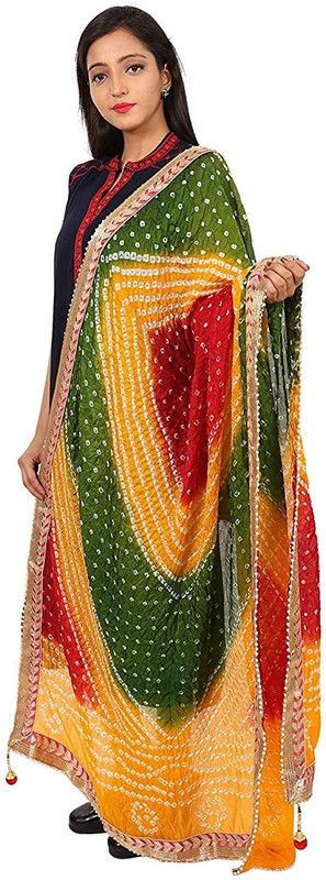 Chiffon Embellished Red, Yellow, Green Women Dupatta