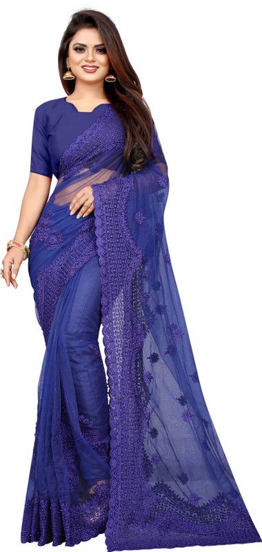Embroidered Fashion Net Saree  (Blue)