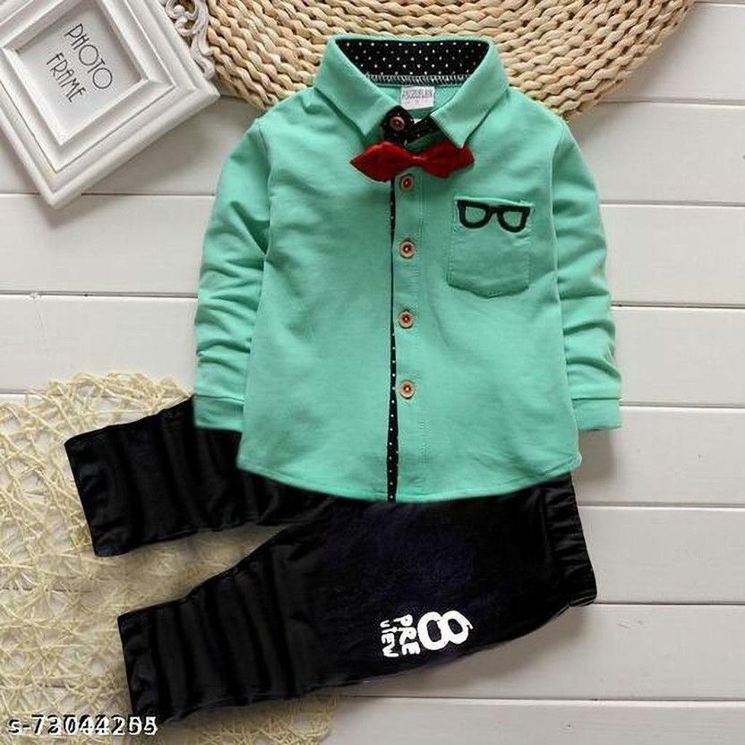 Baby Boys Casual Shirt Bow Tie, Trouser  (Green)