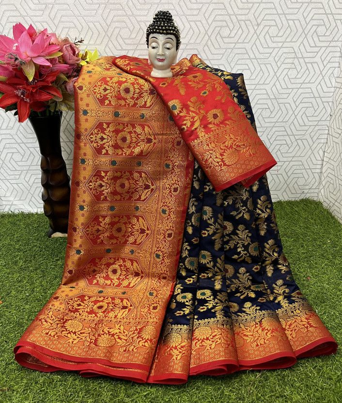 Woven Kanjivaram Nylon, Jacquard Saree  (Dark Blue)