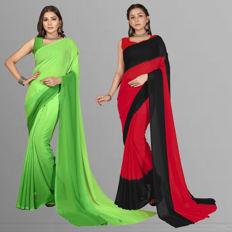 Ombre, Striped, Dyed Bollywood Georgette Saree  (Pack of 2, Red, Green, Black, Light Green)