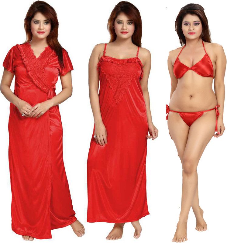 Pack of 4 Women Robe and Lingerie Set  (Red)