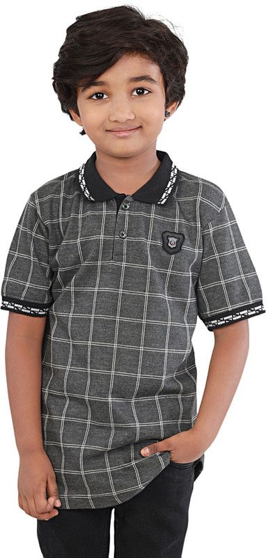 Boys Checkered Cotton Blend T Shirt  (Black, Pack of 1)