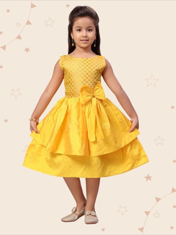 Girls Below Knee Party Dress  (Yellow, Sleeveless)