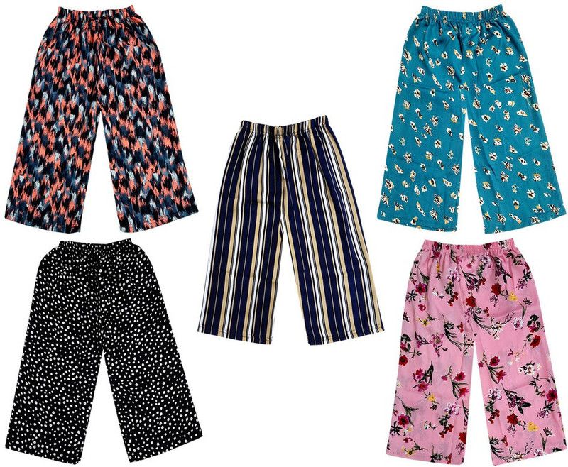 Capri For Girls Casual Printed, Floral Print, Striped Crepe  (Multicolor Pack of 5)