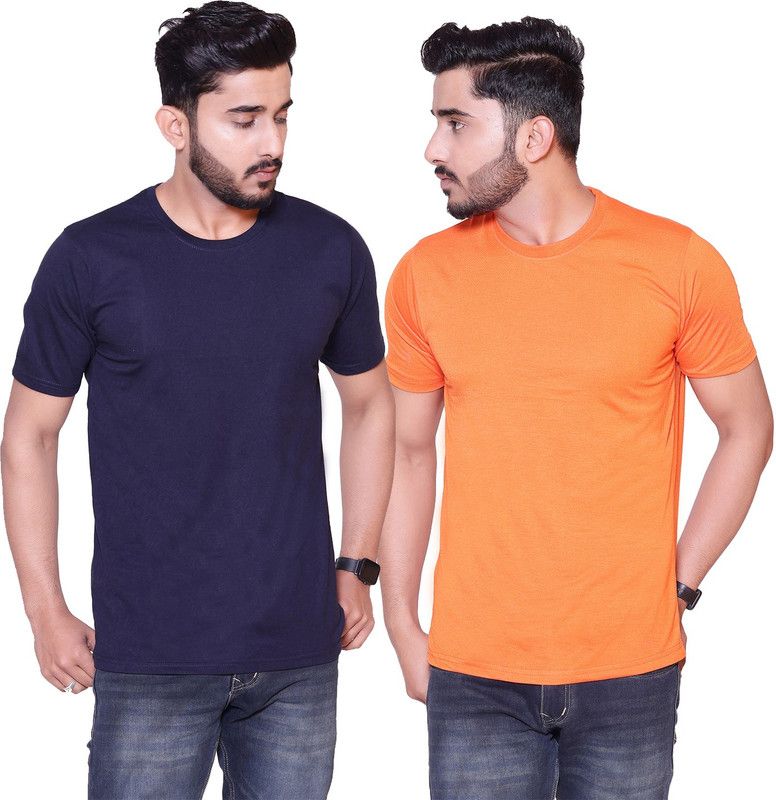 Pack of 2 Men Solid Round Neck Pure Cotton Orange, Navy Blue T-Shirt