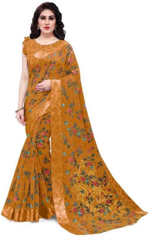 Printed Daily Wear Cotton Blend Saree  (Mustard)