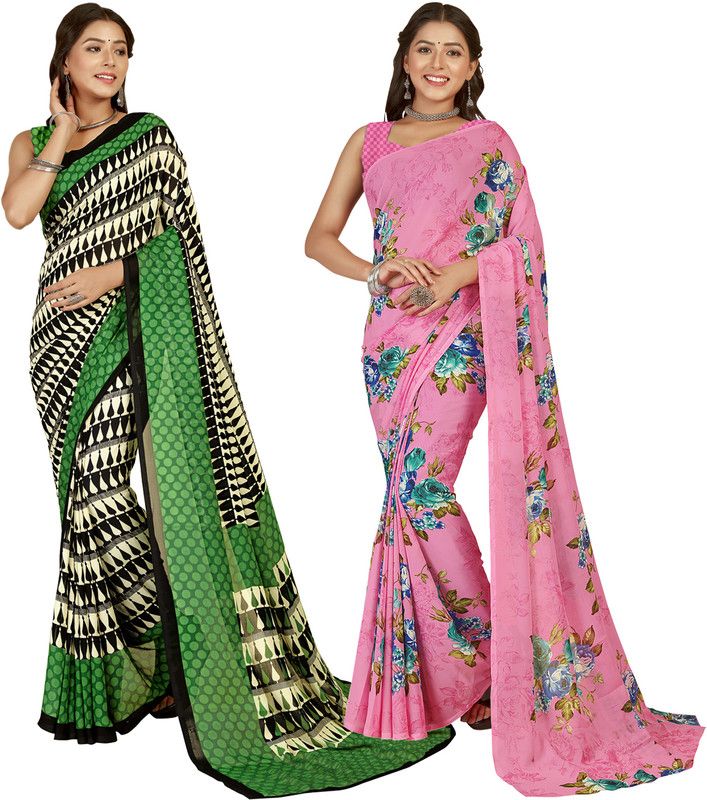 Floral Print, Paisley, Ombre, Geometric Print Daily Wear Georgette Saree  (Pack of 2, Pink, Multicolor)