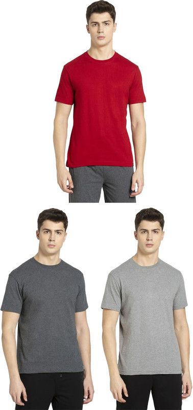 Pack of 3 Men Solid Round Neck Pure Cotton Red, Grey T-Shirt
