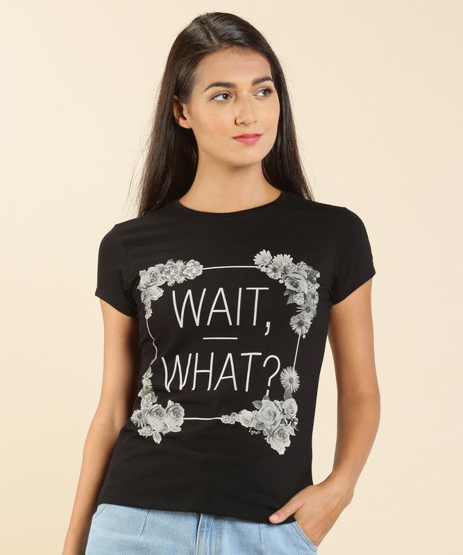 LYRA PRINTED TSHIRT - 403 Women Floral Print Round Neck Cotton Blend Black T-Shirt
