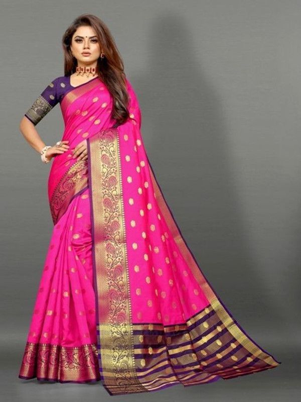 Self Design, Woven Kanjivaram Jacquard, Cotton Silk Saree  (Pink)