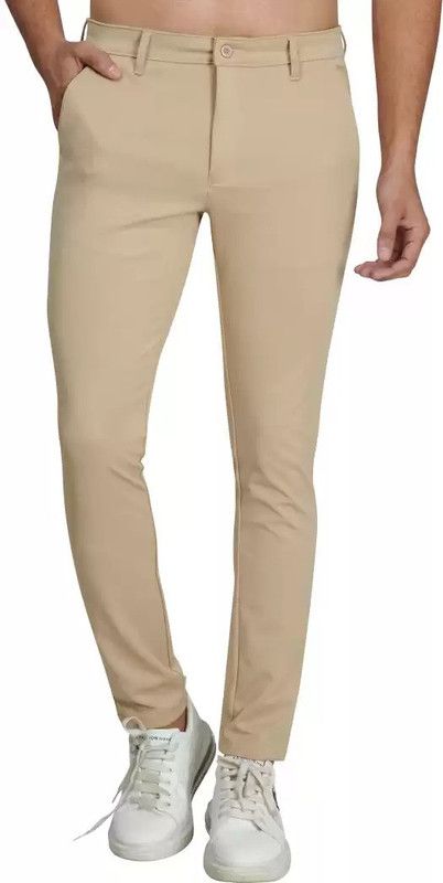 Men Slim Fit Beige Lycra Blend Trousers