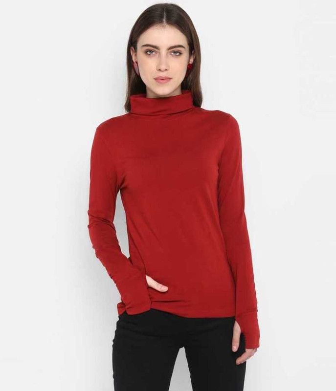 Women High neck black Tshirt Women Solid High Neck Cotton Blend Maroon T-Shirt