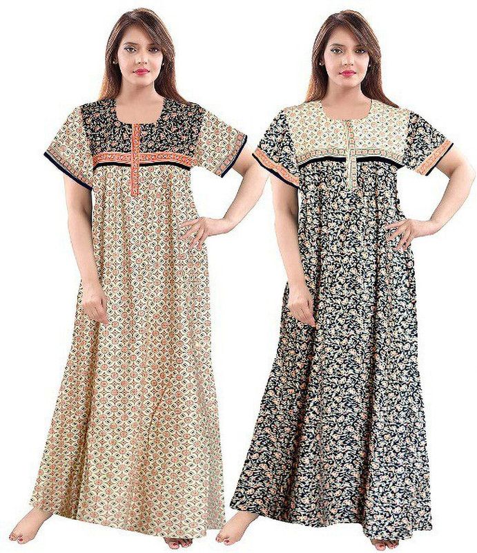 Pack of 2 Women Nighty  (Black, Beige)