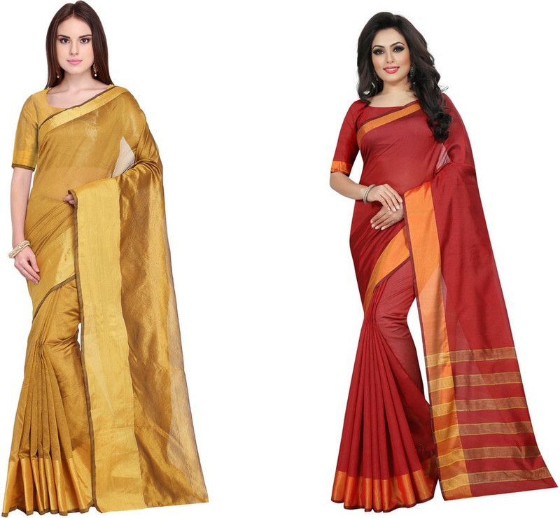 Geometric Print Daily Wear Cotton Silk Saree  (Pack of 2, Red, Yellow)