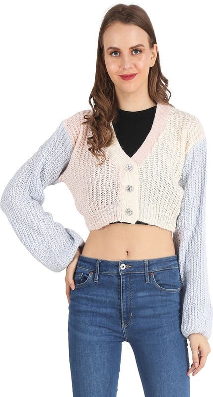 Women Woven V Neck Blue, Beige Sweater