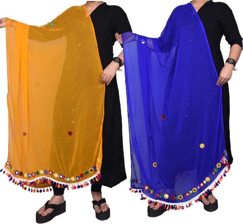 Chiffon Self Design Gold, Blue Women Dupatta