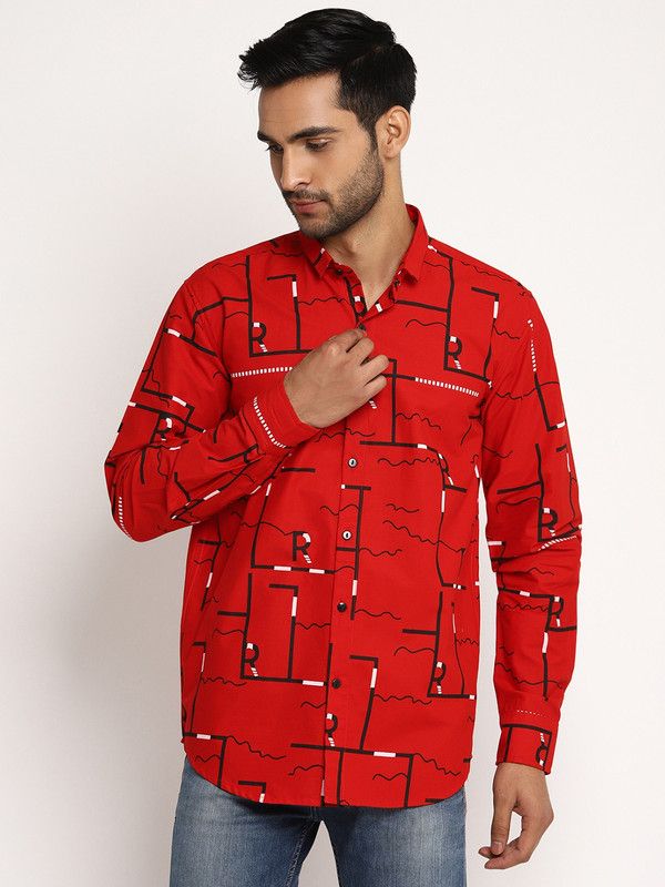 Men Regular Fit Printed, Self Design, Geometric Print Spread Collar Casual Shirt