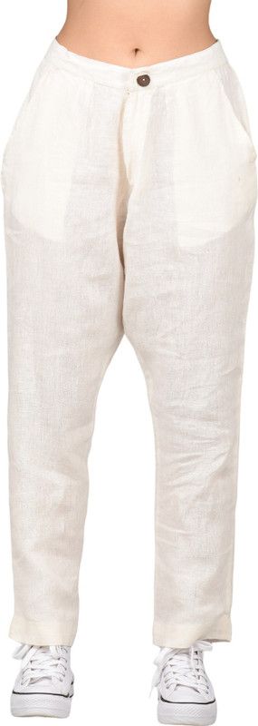 Women Regular Fit White Pure Linen Trousers