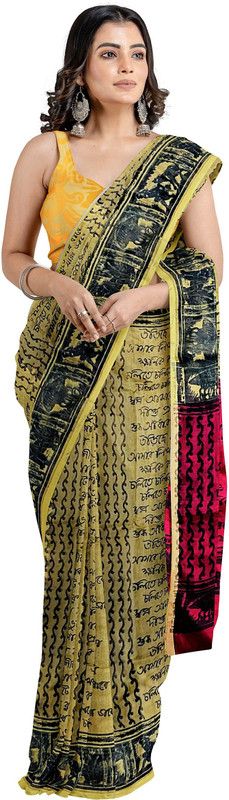 Printed Tant Viscose Rayon Saree  (Gold)