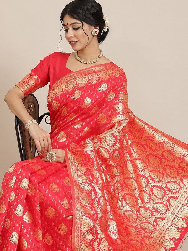 Woven, Embellished Banarasi Silk Blend Saree  (Red)