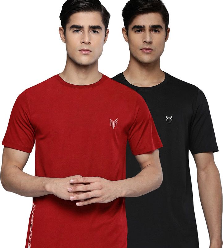 Pack of 2 Men Solid Round Neck Polyester Red, Dark Blue T-Shirt