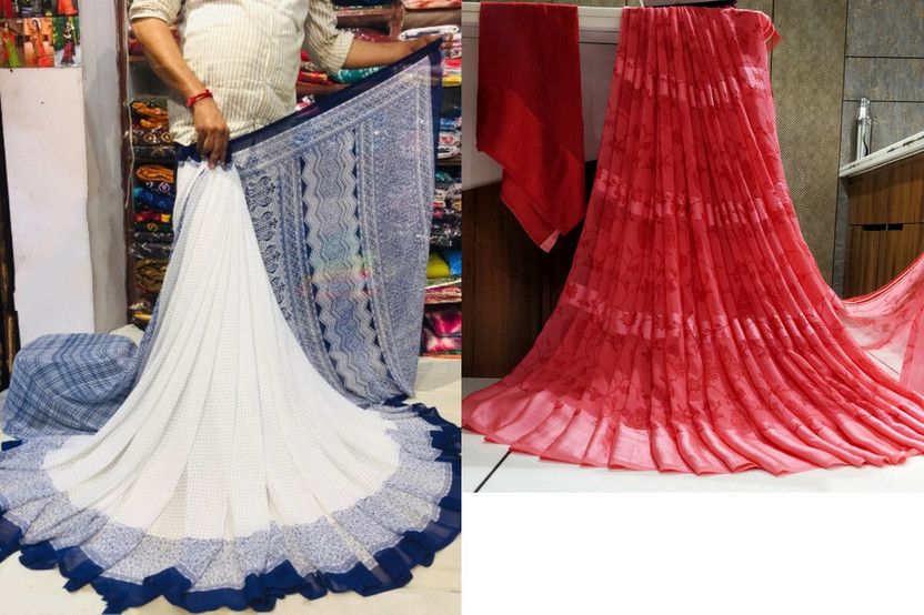 Polka Print Daily Wear Georgette Saree  (Pack of 2, White, Red)
