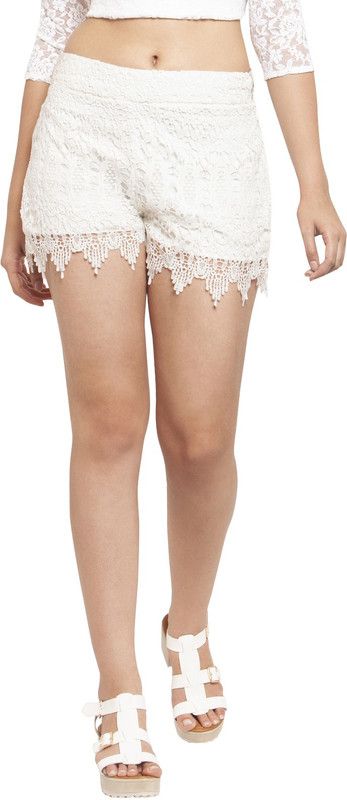 Self Design Women White Regular Shorts