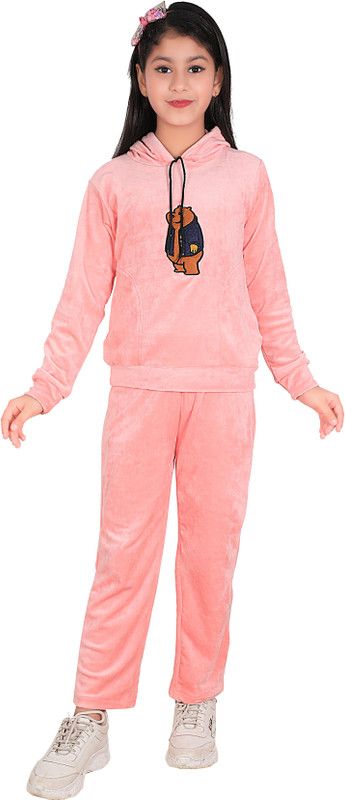 Girls Printed Velvet Kids Nightwear  (Pink Pack of 1)
