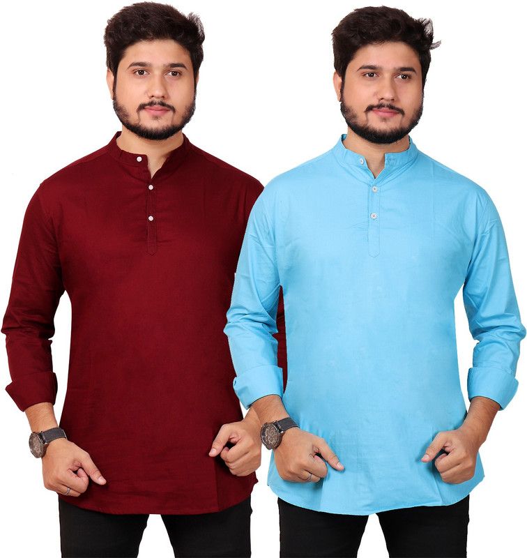 Pack of 2 Men Solid Cotton Blend Straight Kurta  (Light Blue, Maroon)