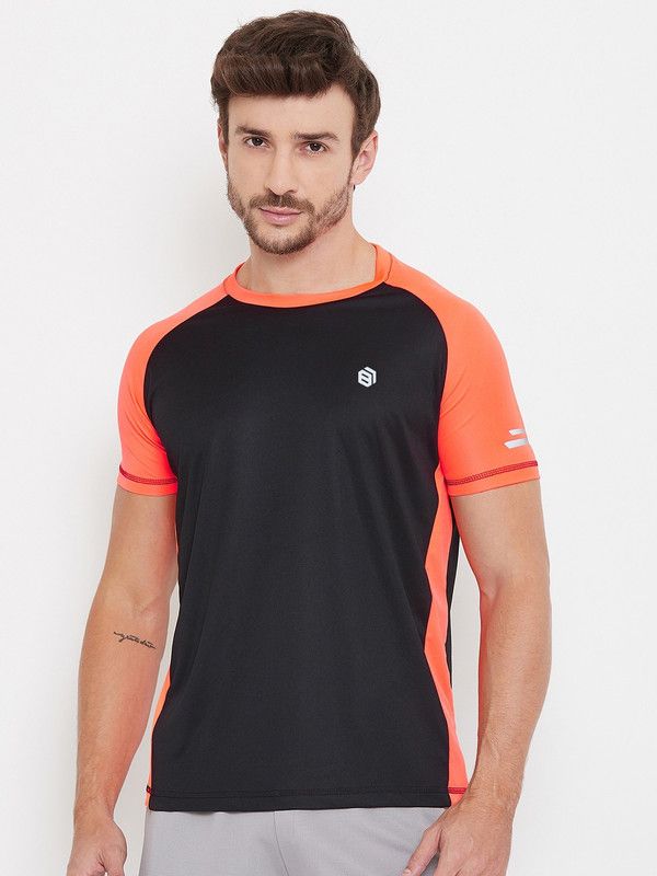 Men Colorblock Round Neck Polyester Black, Orange T-Shirt