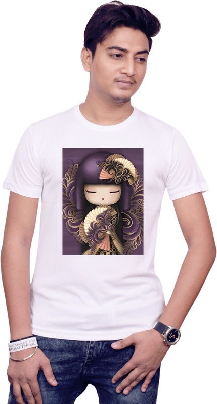 1693 Men Graphic Print Round Neck Polyester White T-Shirt
