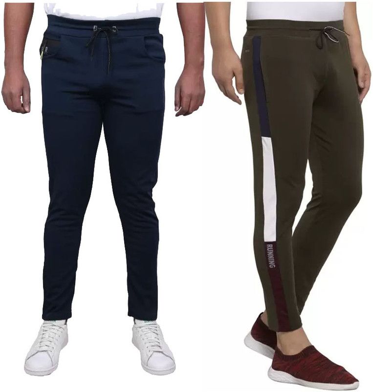 Pack of 2 Men Solid Olive, Blue Track Pants